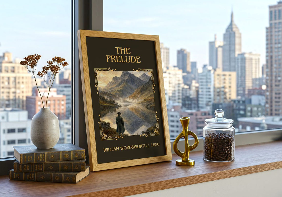 The prelude Classic Book Art Print by William Wordsworth – framed print on a city-view windowsill