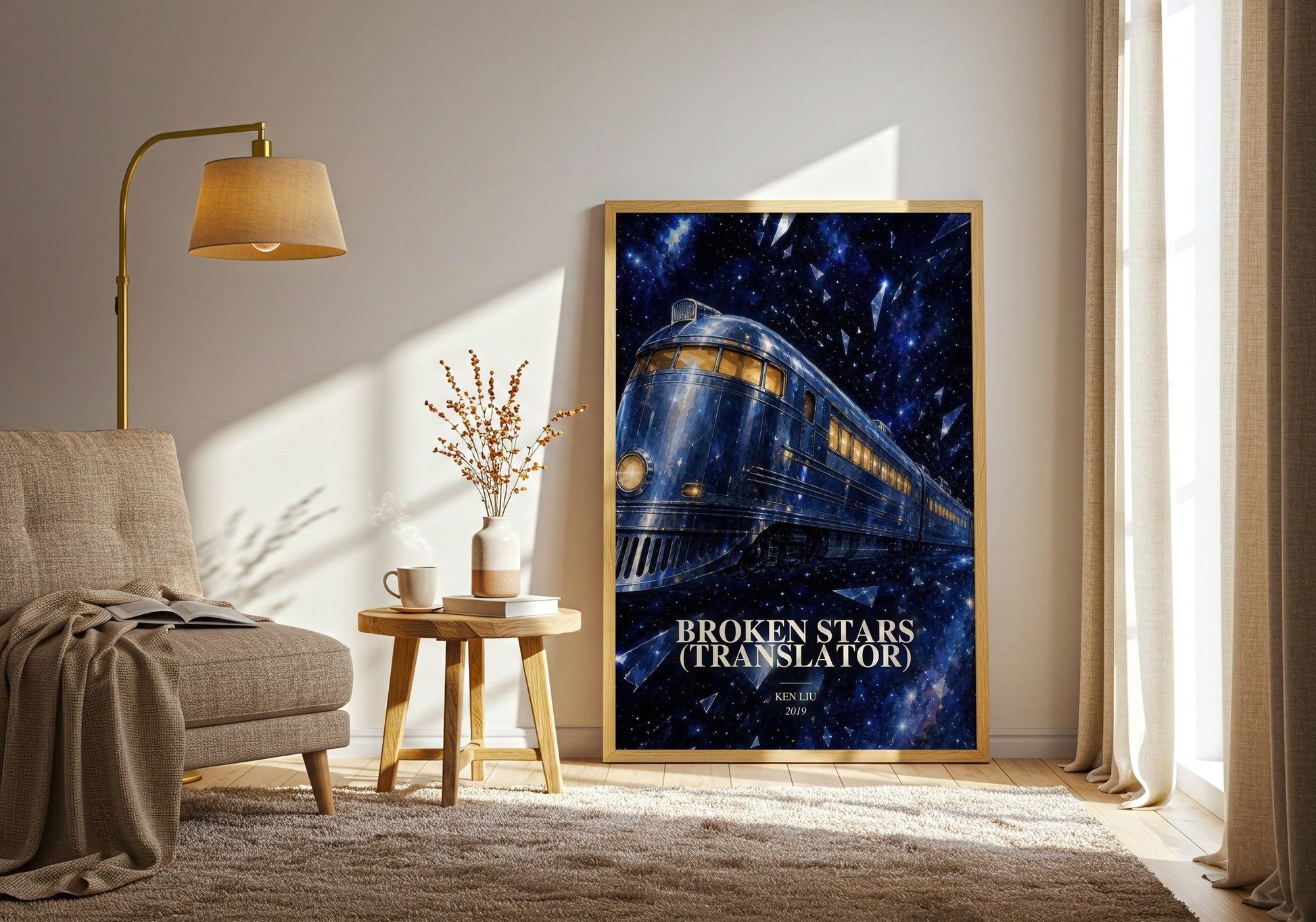 Broken Stars (Translator) watercolour print in frame leaning in hallway – sci fi wall art