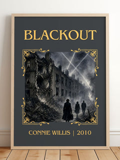 Blackout Classic Book Art Print by Connie Willis – framed print leaning on a wooden floor