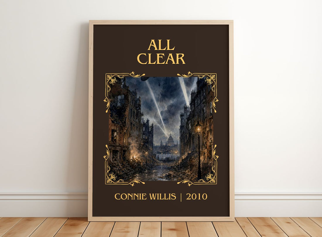 All Clear Classic Book Art Print by Connie Willis – framed print leaning on a wooden floor