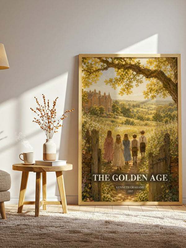 The Golden Age watercolour print in frame leaning in hallway – childrens wall art
