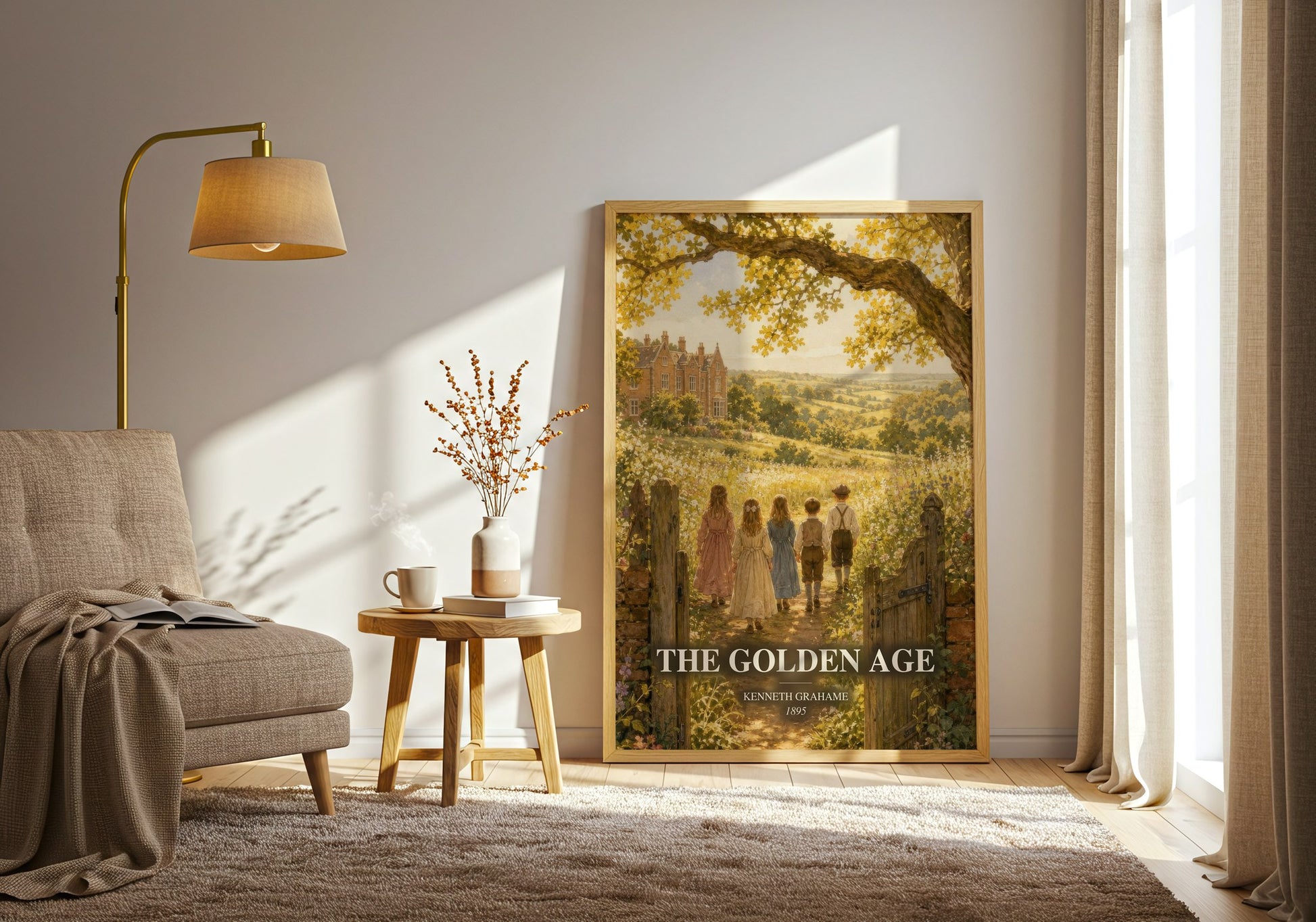 The Golden Age watercolour print in frame leaning in hallway – childrens wall art