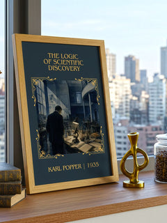 Logic of Scientific Discovery Classic Book Art Print by Karl Popper – framed print on a city-view windowsill