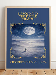 Harold and the Purple Crayon Classic Book Art Print by C. Johnson – framed print leaning on a wooden floor