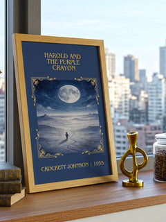 Harold and the Purple Crayon Classic Book Art Print by C. Johnson – framed print on a city-view windowsill