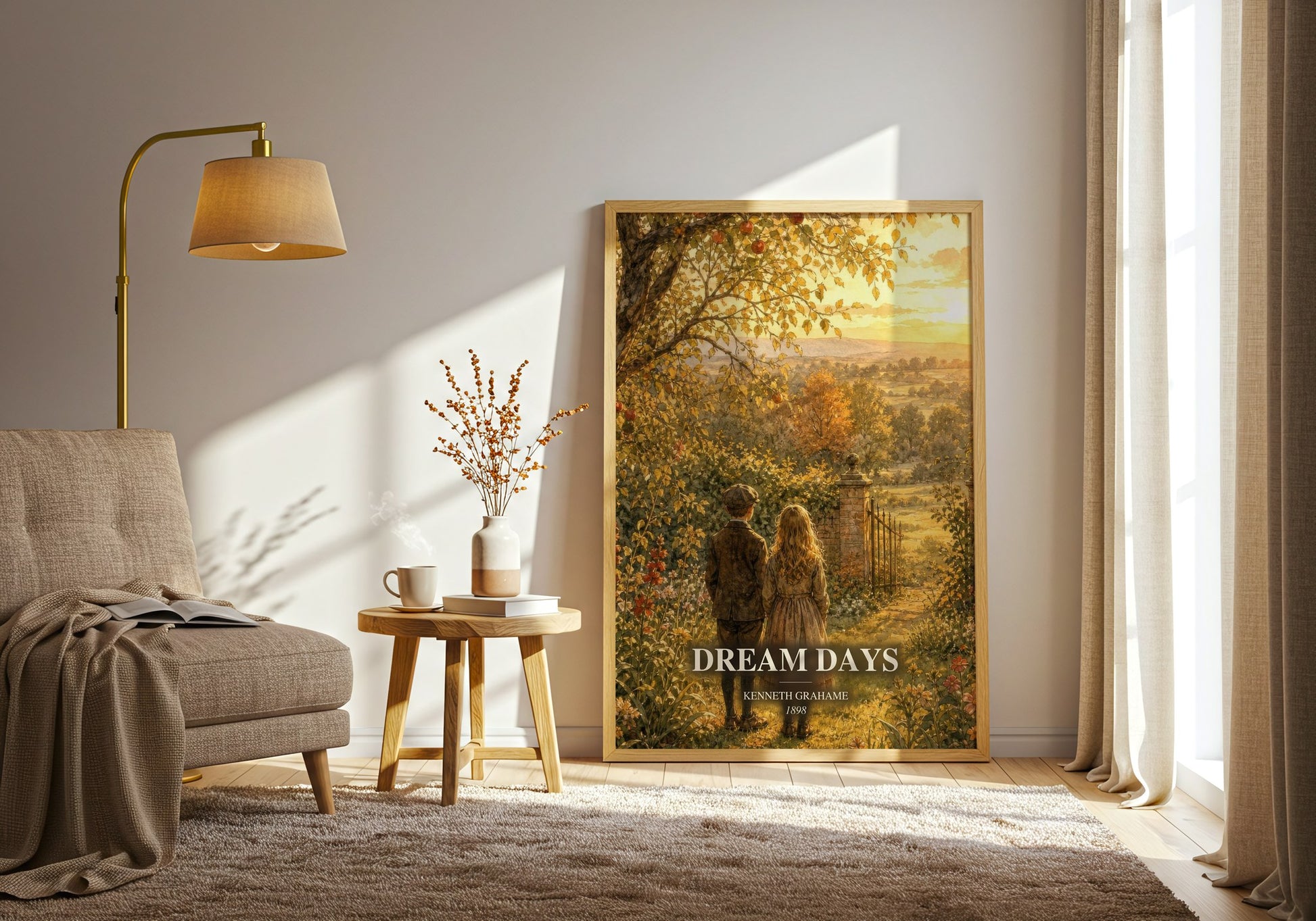 Dream Days watercolour print in frame leaning in hallway – childrens wall art