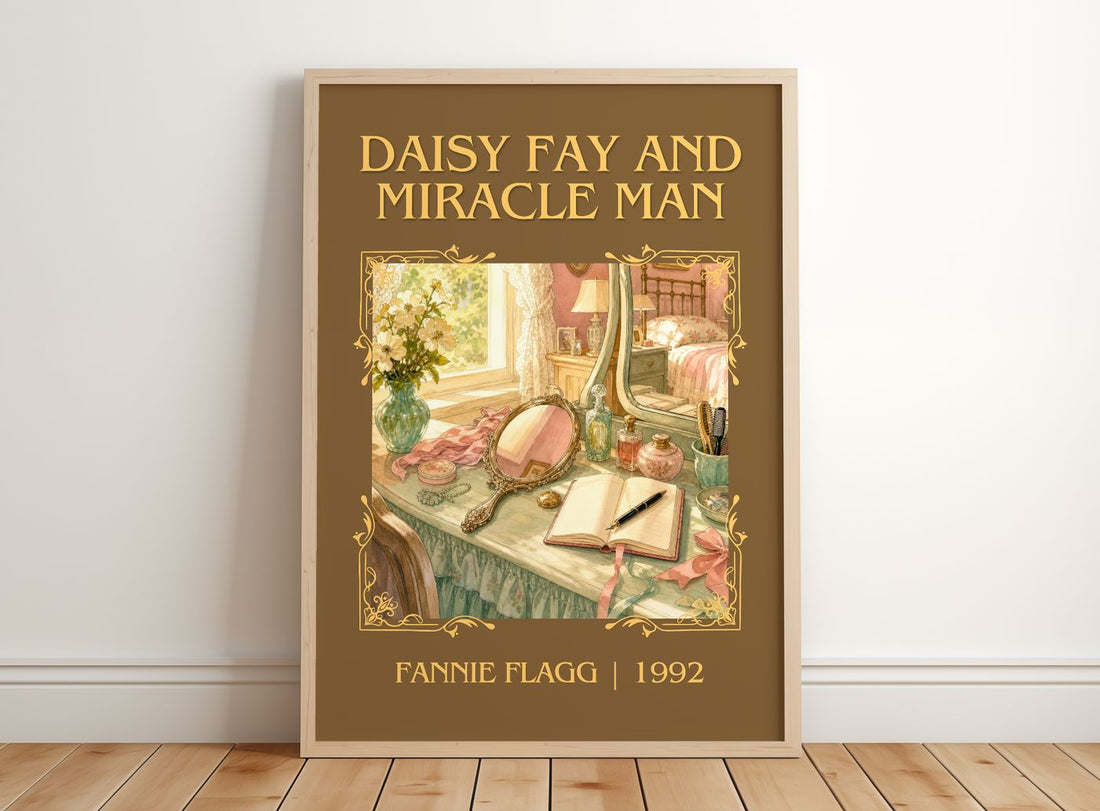 Daisy Fay and Miracle Man Classic Book Art Print by Fannie Flagg – framed print leaning on a wooden floor