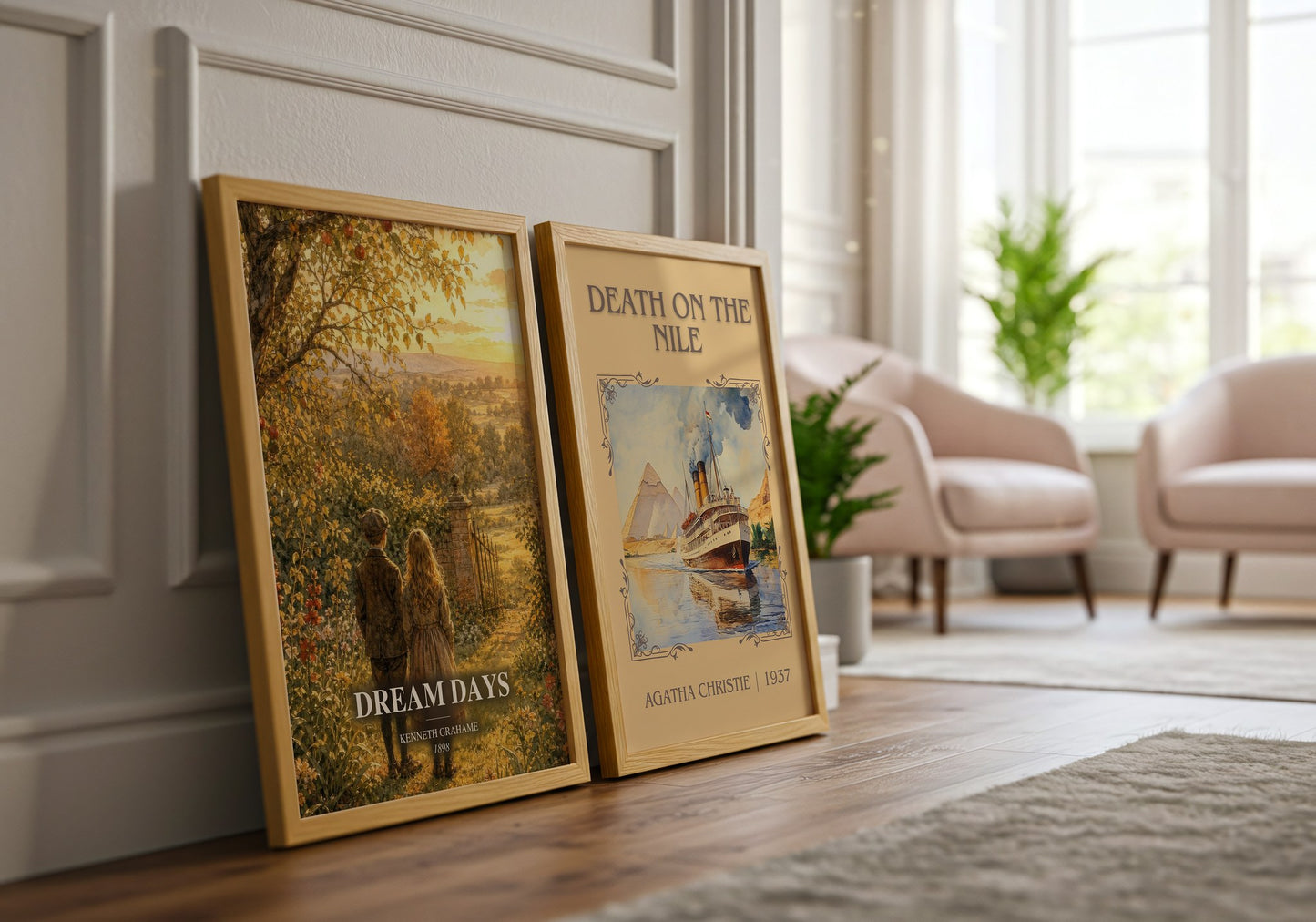 Dream Days watercolour print framed by window – literary home decor