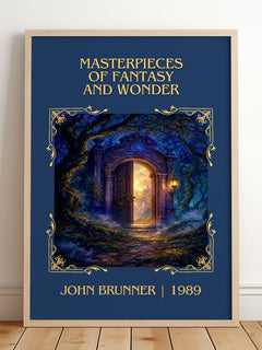 Masterpieces of Fantasy and Wonder Classic Book Art Print by John Brunner – framed print leaning on a wooden floor