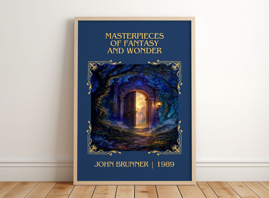 Masterpieces of Fantasy and Wonder Classic Book Art Print by John Brunner – framed print leaning on a wooden floor