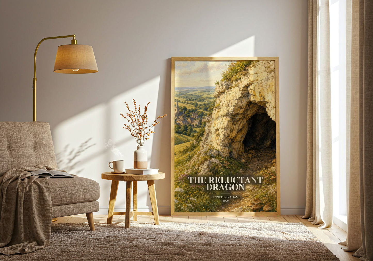 The Reluctant Dragon watercolour print in frame leaning in hallway – childrens wall art