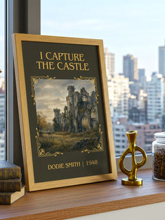 I Capture the Castle Classic Book Art Print by Dodie Smith – framed print on a city-view windowsill
