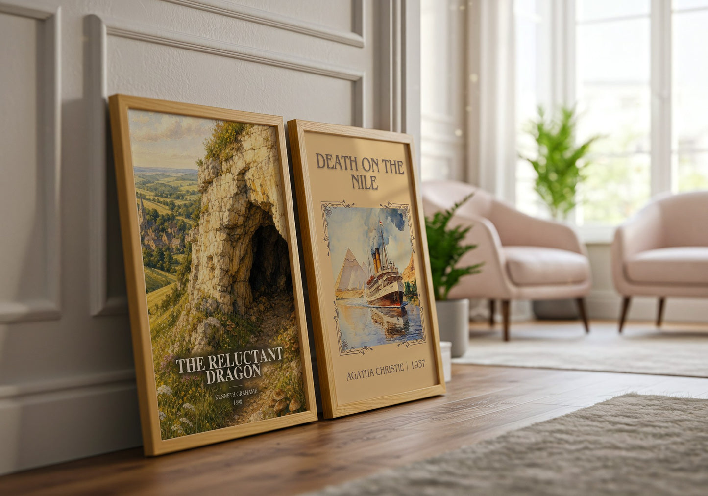 The Reluctant Dragon watercolour print framed by window – literary home decor