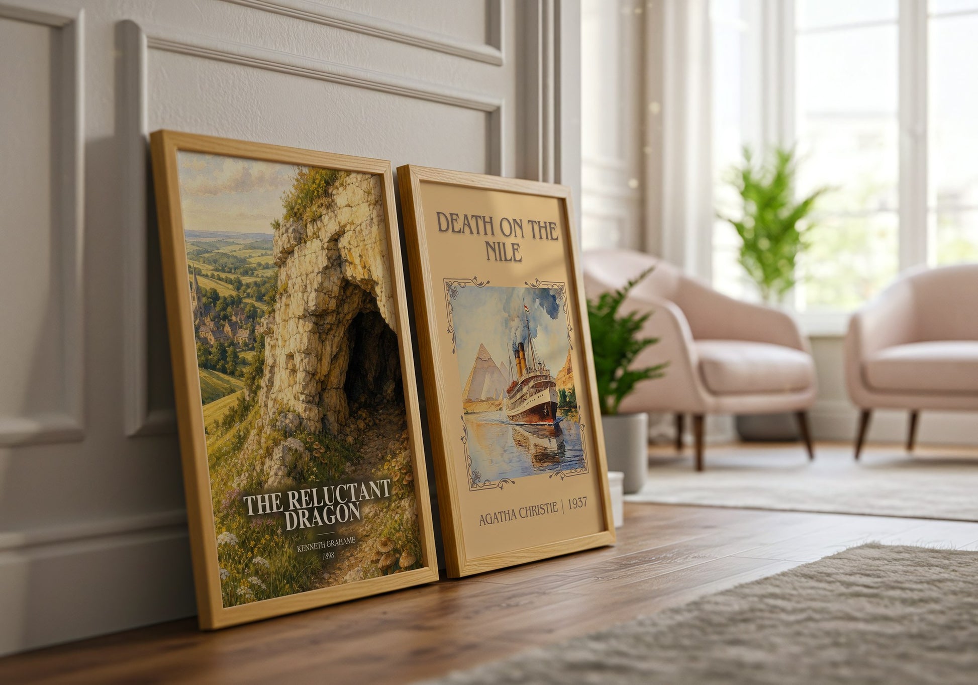 The Reluctant Dragon watercolour print framed by window – literary home decor