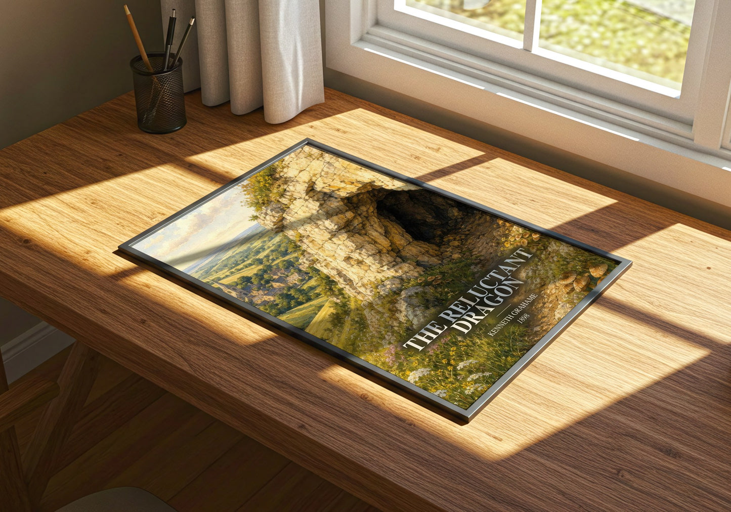 The Reluctant Dragon watercolour book poster framed on wall – childrens wall art