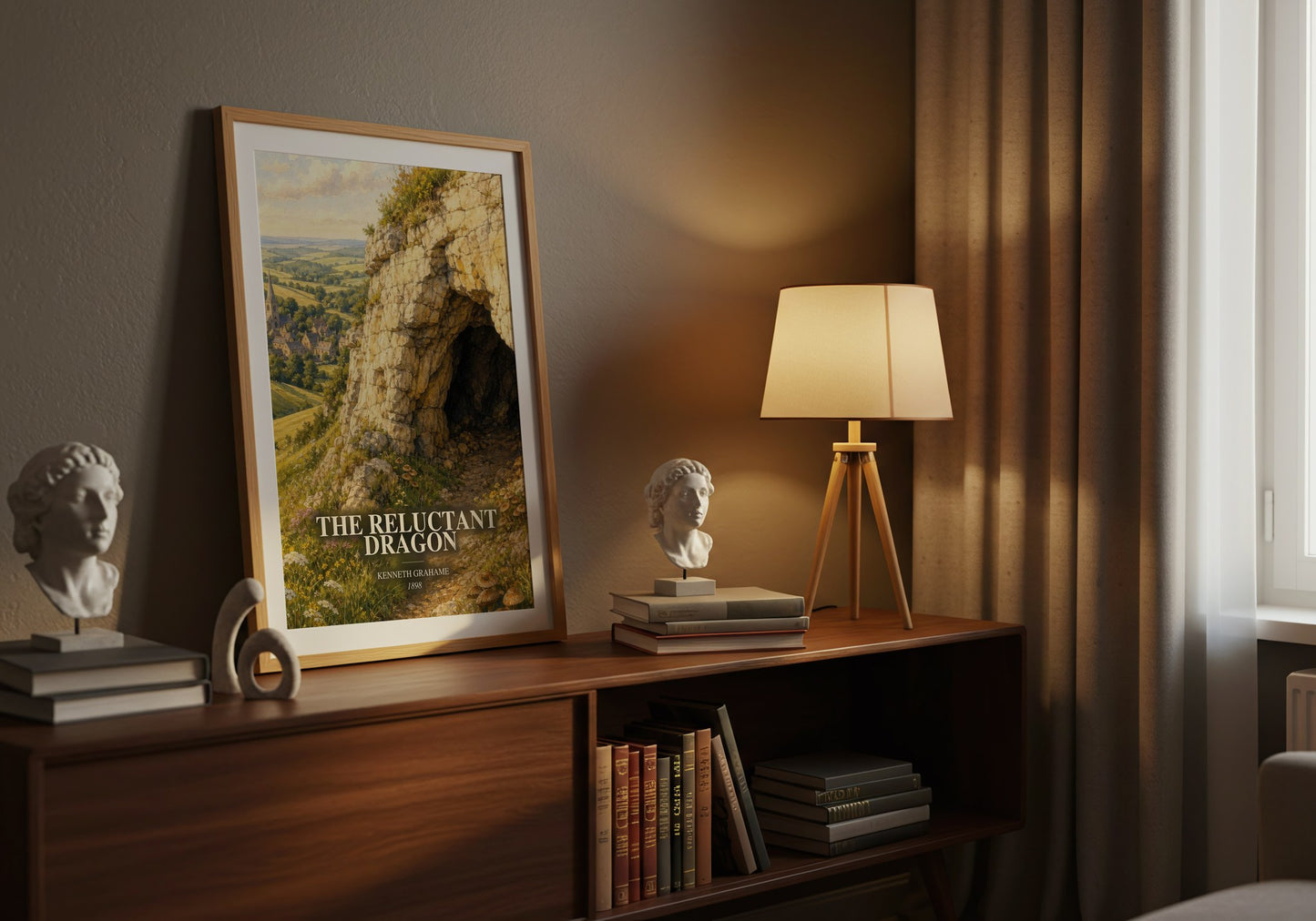 The Reluctant Dragon watercolour print on bookshelf – Kenneth Grahame fan gift
