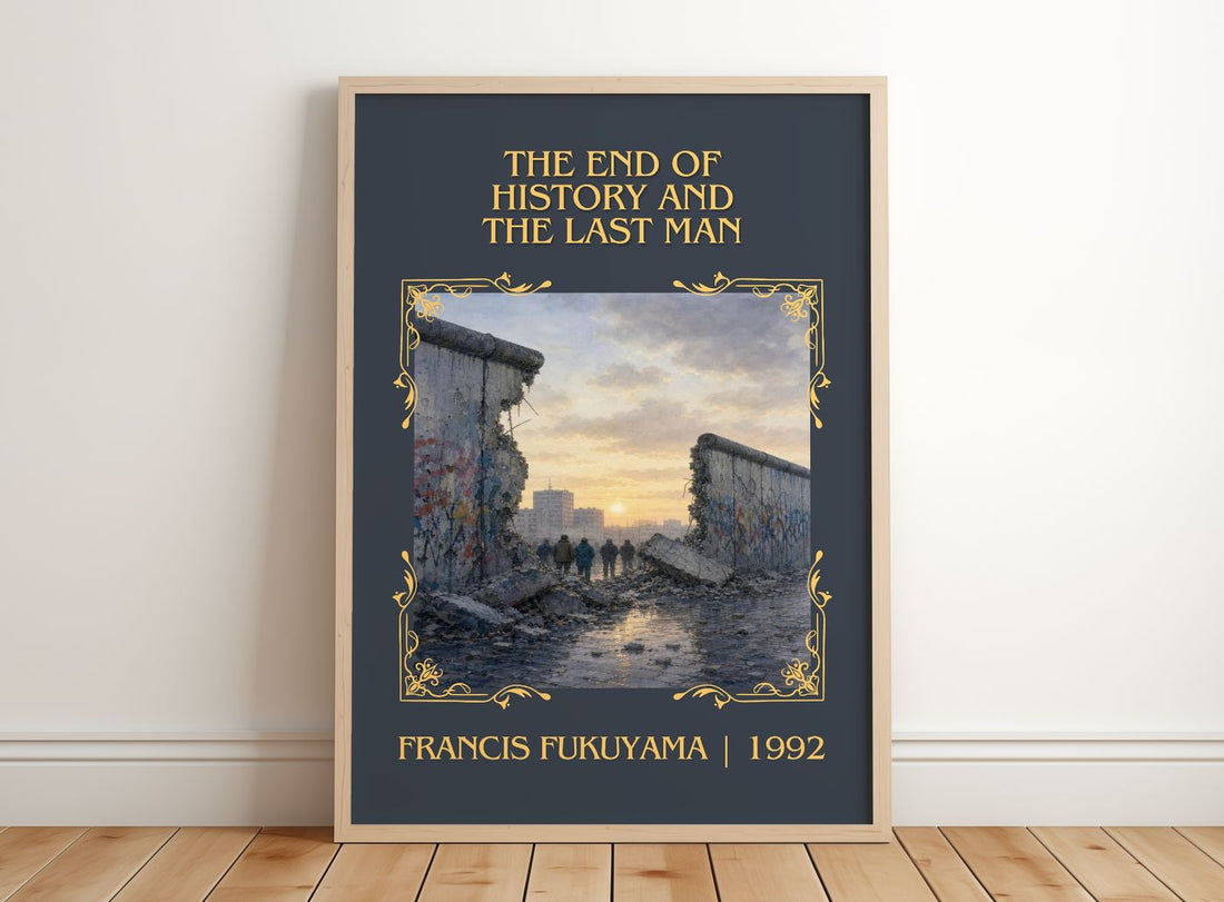 End of History and the Last Man Classic Book Art Print by F. Fukuyama – framed print leaning on a wooden floor
