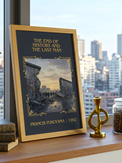 End of History and the Last Man Classic Book Art Print by F. Fukuyama – framed print on a city-view windowsill