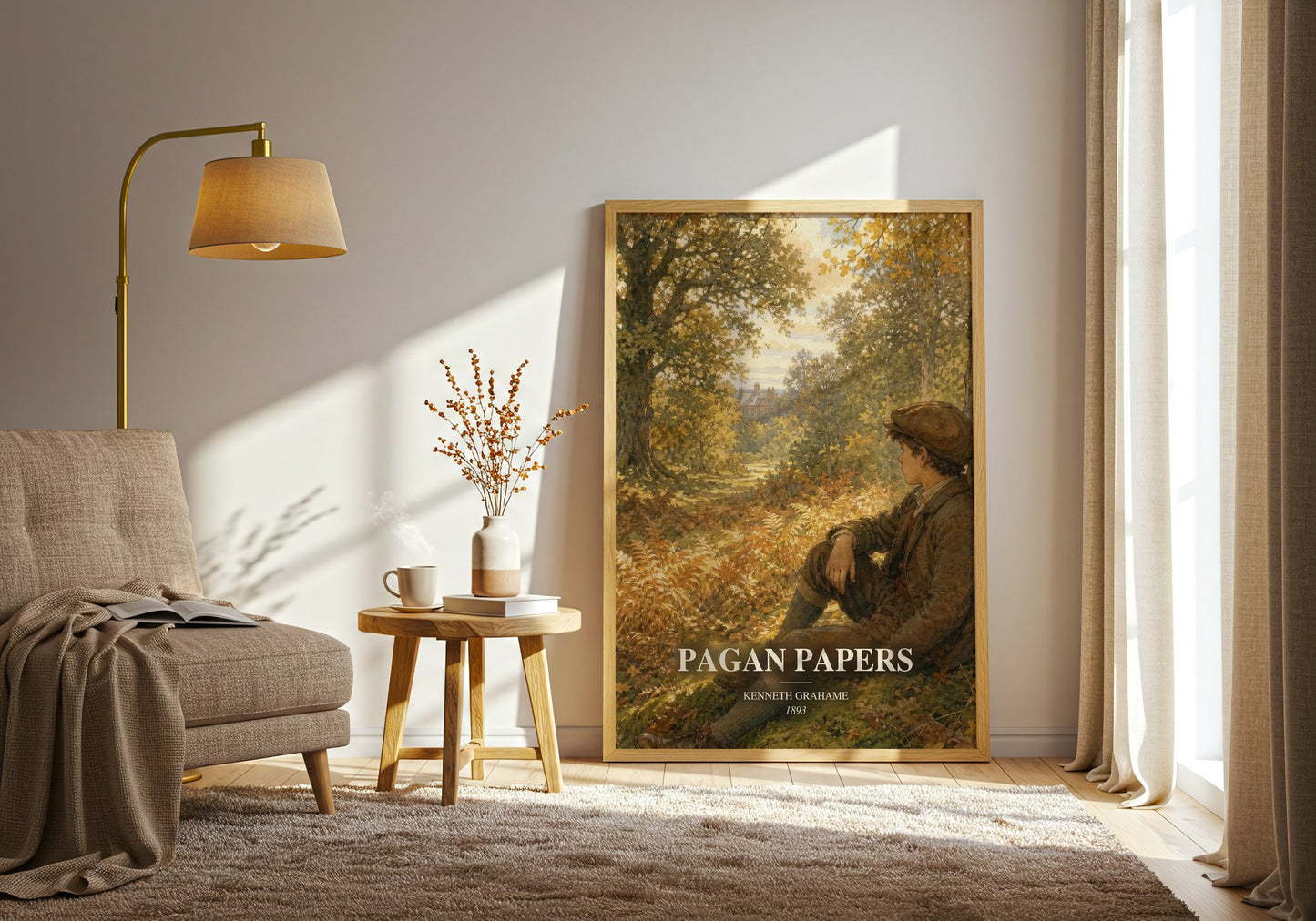 Pagan Papers watercolour print in frame leaning in hallway – classic literature wall art
