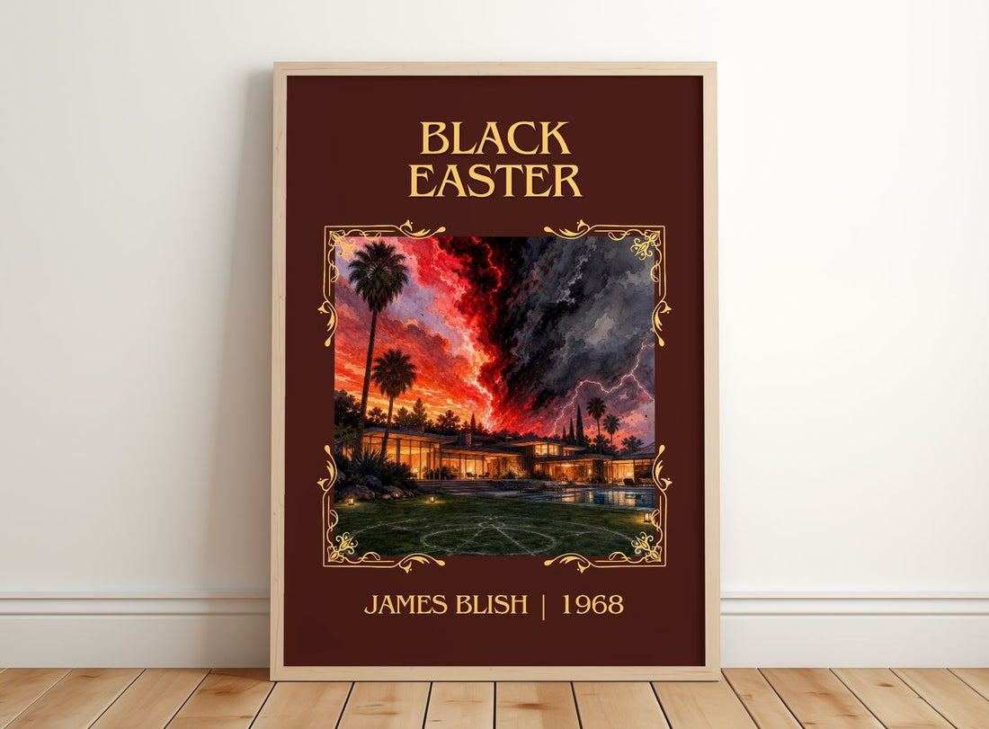 Black Easter Classic Book Art Print by James Blish – framed print leaning on a wooden floor