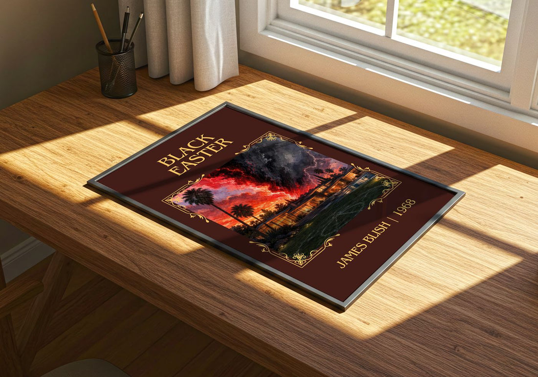 Black Easter Classic Book Art Print by James Blish – print on a sunlit desk