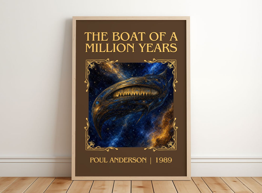 The boat of a million years Classic Book Art Print by Poul Anderson – framed print leaning on a wooden floor