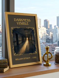 Darkness Visible Classic Book Art Print by William Styron – framed print on a city-view windowsill