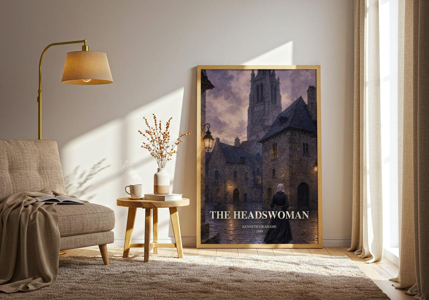 The Headswoman watercolour print in frame leaning in hallway – satire wall art