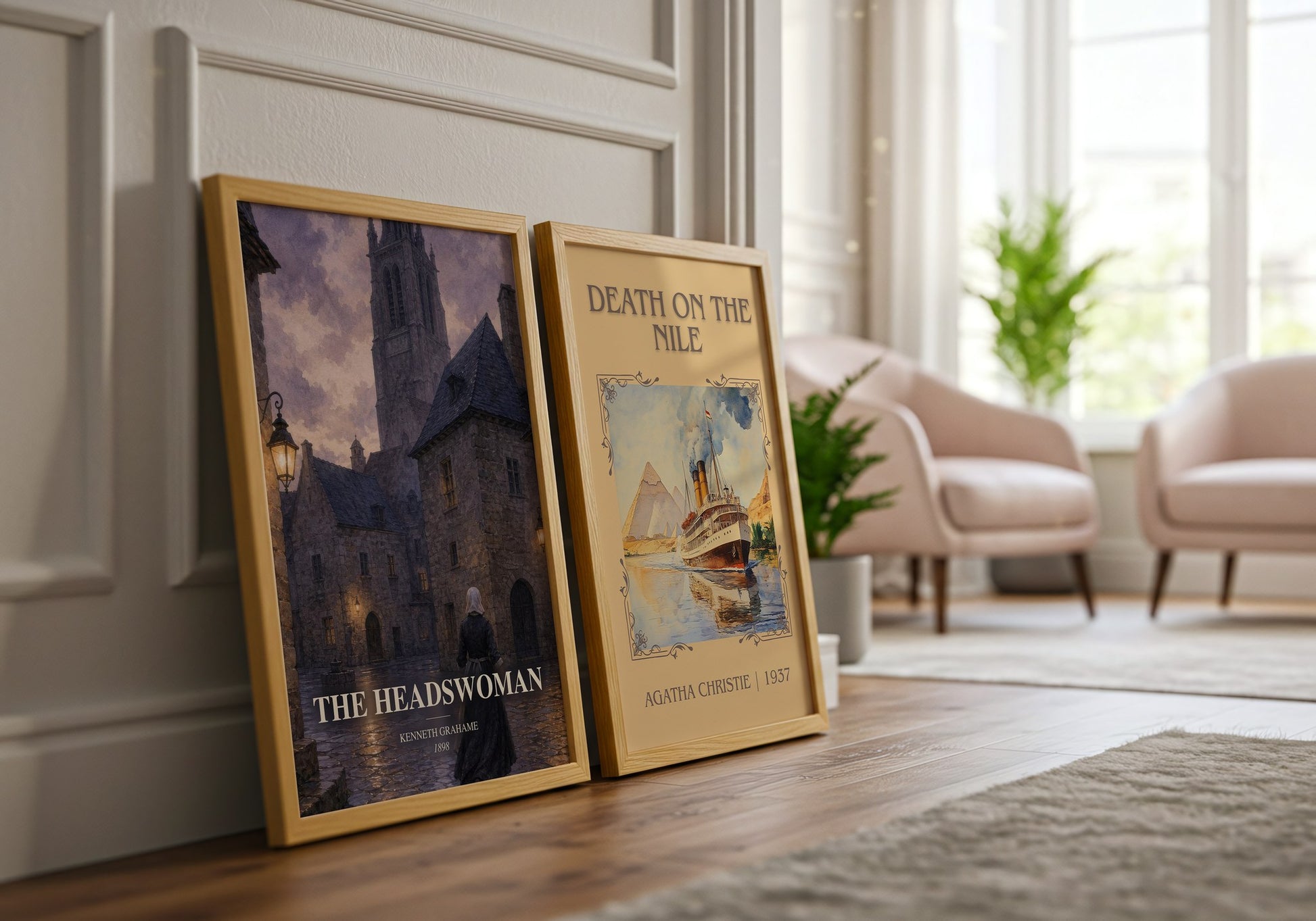 The Headswoman watercolour print framed by window – literary home decor