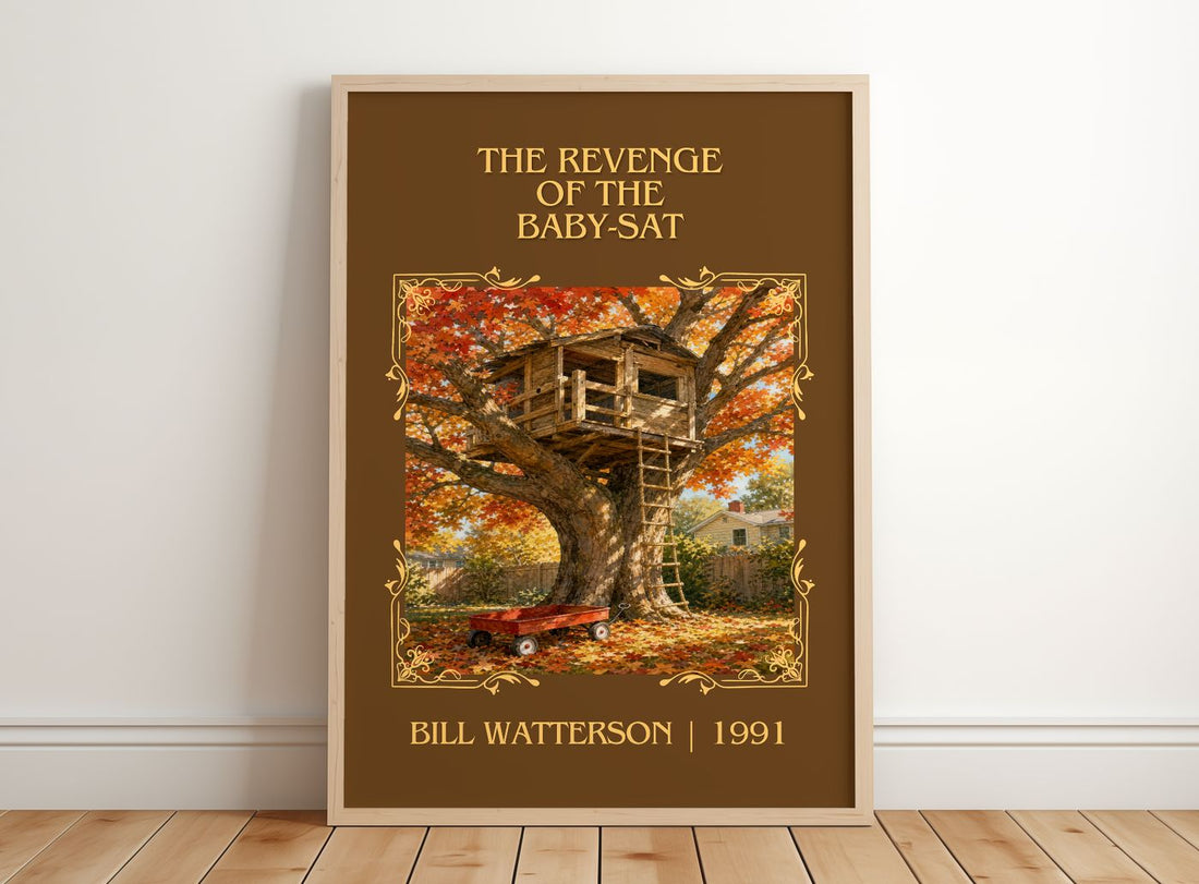 The revenge of the baby-sat Classic Book Art Print by Bill Watterson – framed print leaning on a wooden floor