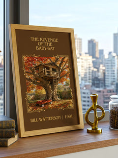 The revenge of the baby-sat Classic Book Art Print by Bill Watterson – framed print on a city-view windowsill