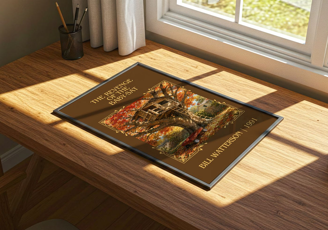 The revenge of the baby-sat Classic Book Art Print by Bill Watterson – print on a sunlit desk
