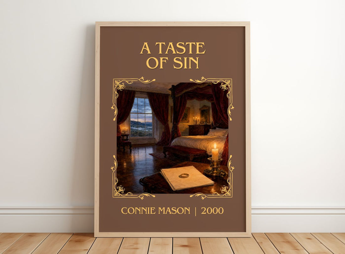 A Taste of Sin Classic Book Art Print by Connie Mason – framed print leaning on a wooden floor