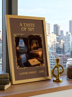 A Taste of Sin Classic Book Art Print by Connie Mason – framed print on a city-view windowsill