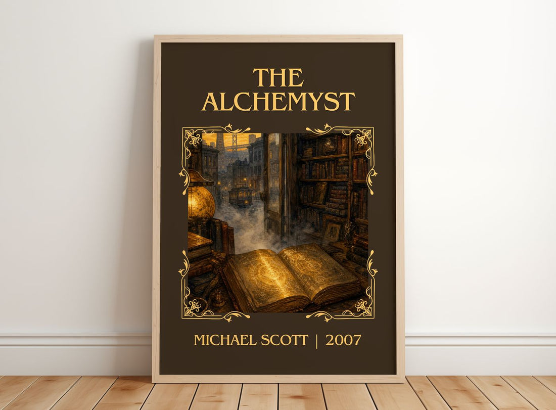 The Alchemyst Classic Book Art Print by Michael Scott – framed print leaning on a wooden floor