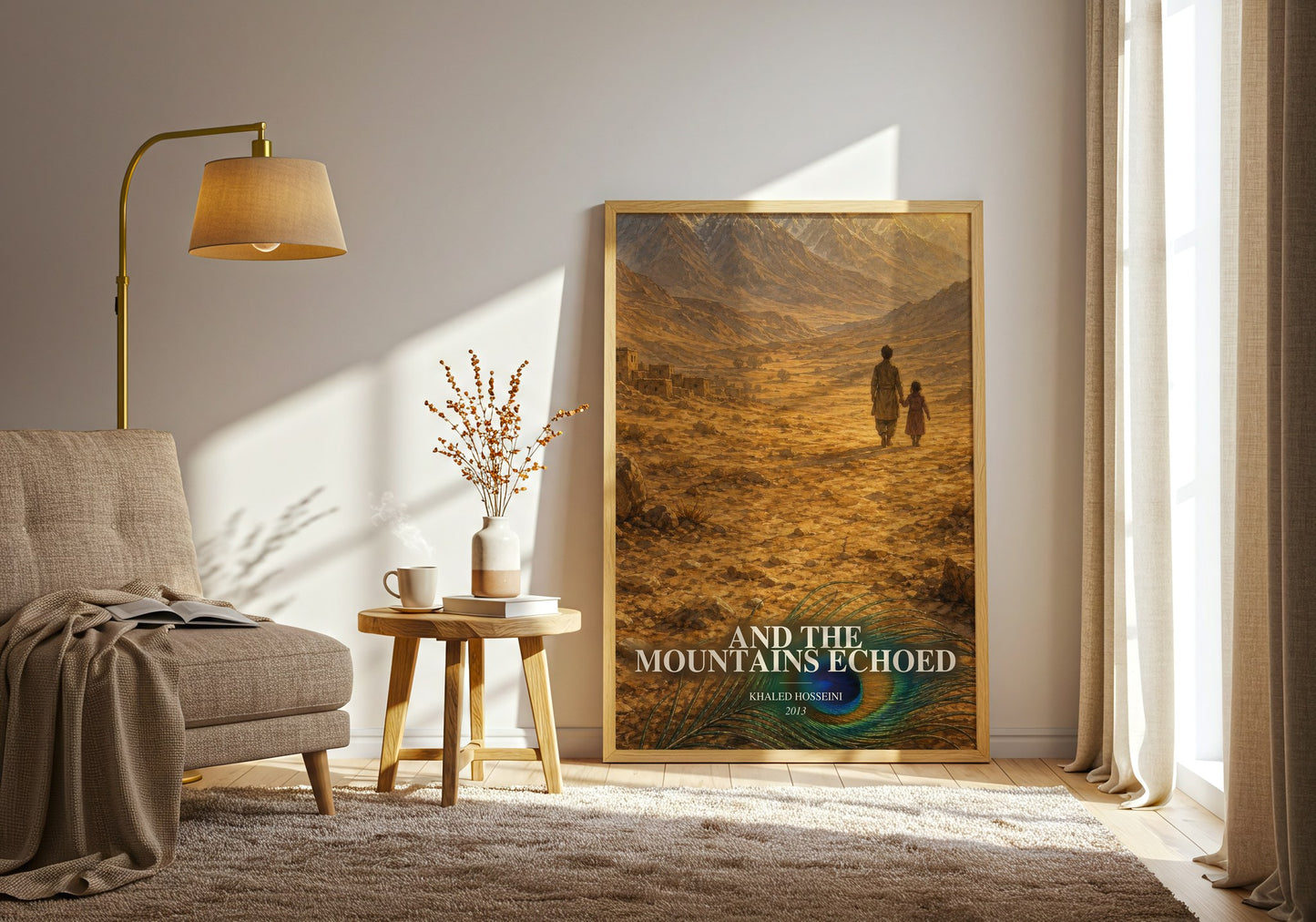 And The Mountains Echoed watercolour print in frame leaning in hallway – literary fiction wall art