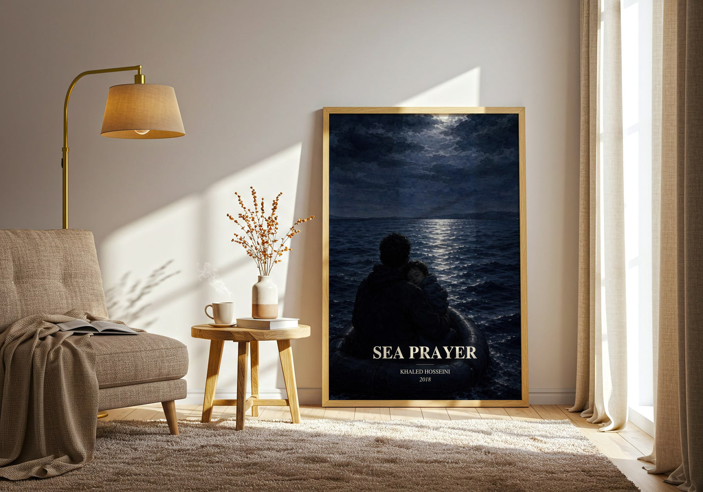 Sea Prayer watercolour print in frame leaning in hallway – literary fiction wall art