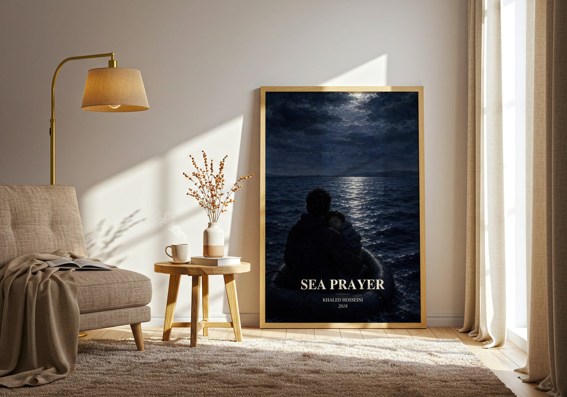 Sea Prayer watercolour print in frame leaning in hallway – literary fiction wall art