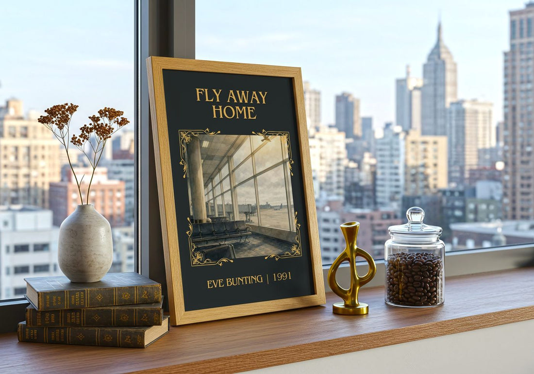 Fly Away Home Classic Book Art Print by Eve Bunting – framed print on a city-view windowsill