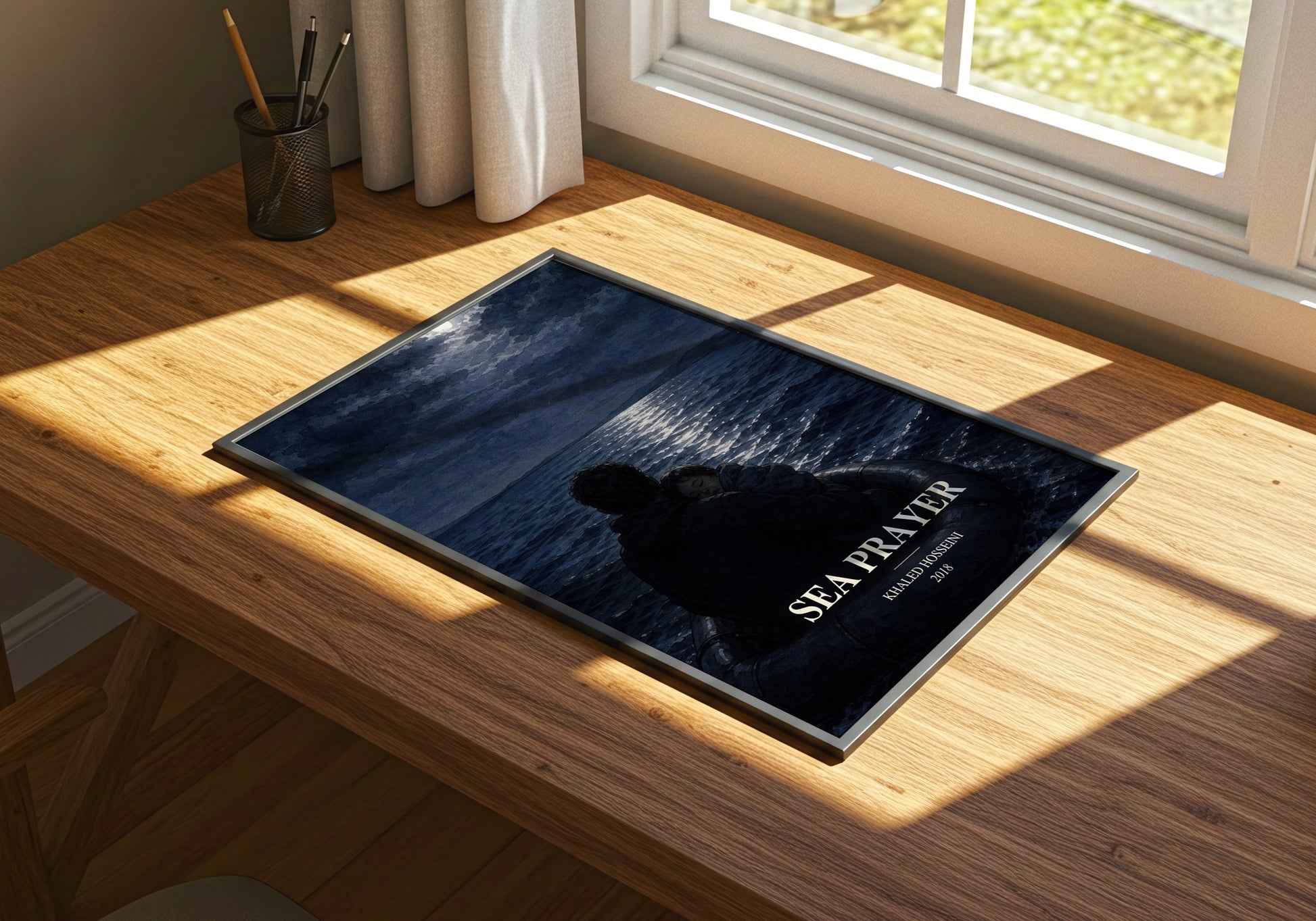 Sea Prayer watercolour book poster framed on wall – literary fiction wall art