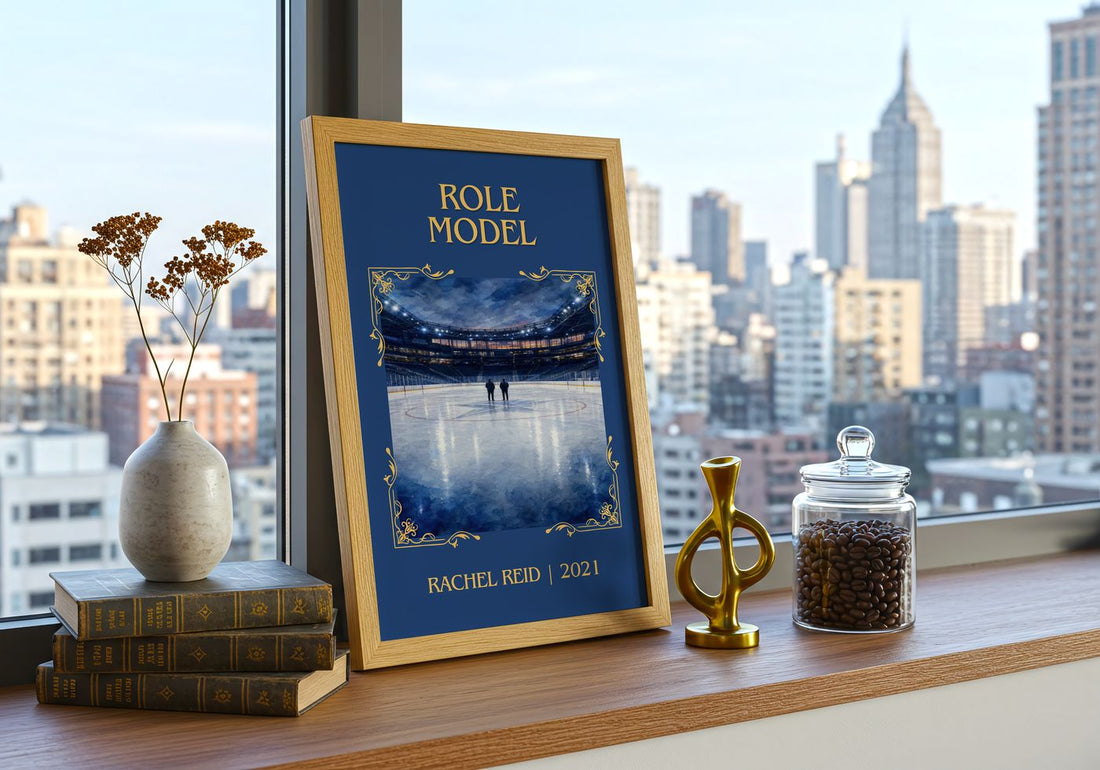 Role Model Classic Book Art Print by Rachel Reid – framed print on a city-view windowsill