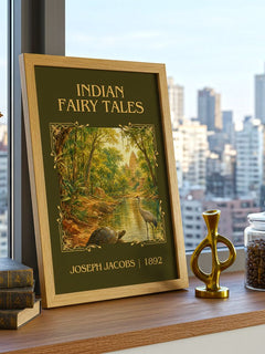 Indian Fairy Tales Classic Book Art Print by Joseph Jacobs – framed print on a city-view windowsill