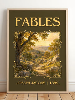 Fables Classic Book Art Print by Joseph Jacobs – framed print leaning on a wooden floor