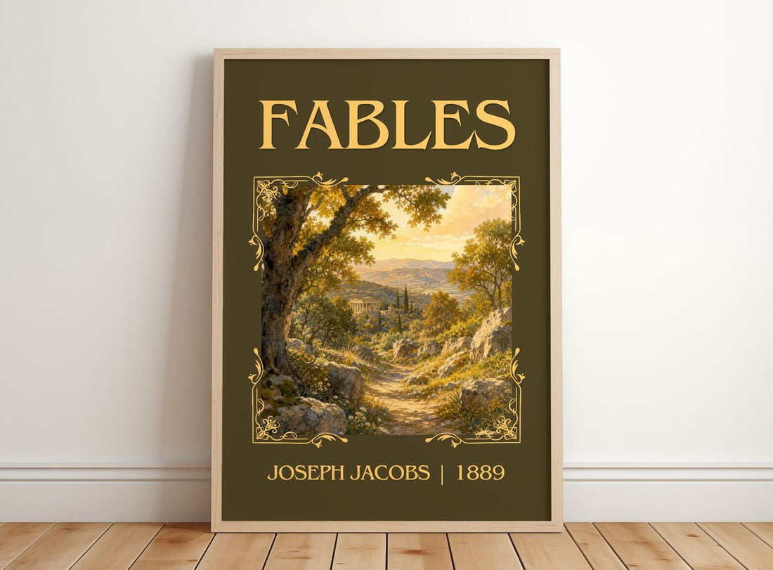 Fables Classic Book Art Print by Joseph Jacobs – framed print leaning on a wooden floor
