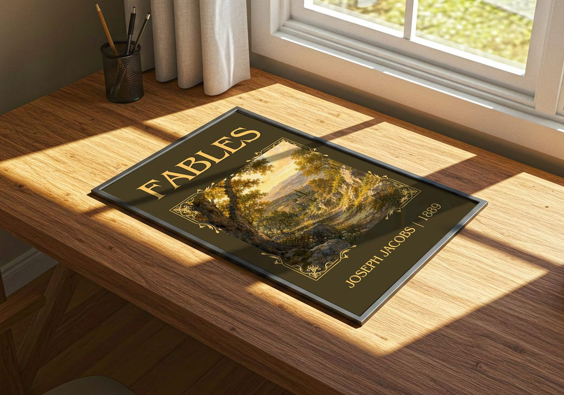Fables Classic Book Art Print by Joseph Jacobs – print on a sunlit desk