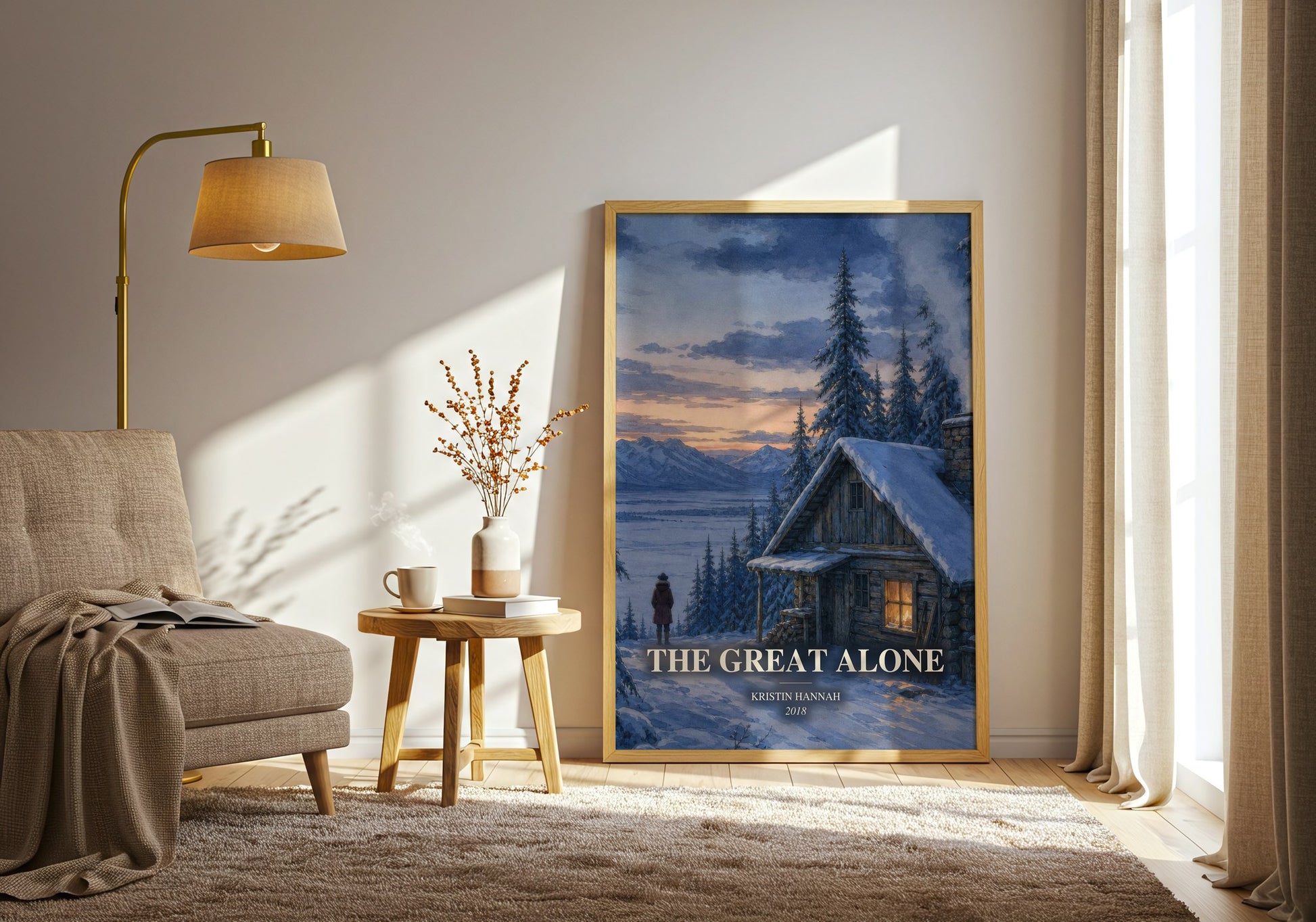 The Great Alone watercolour print in frame leaning in hallway – contemporary fiction wall art