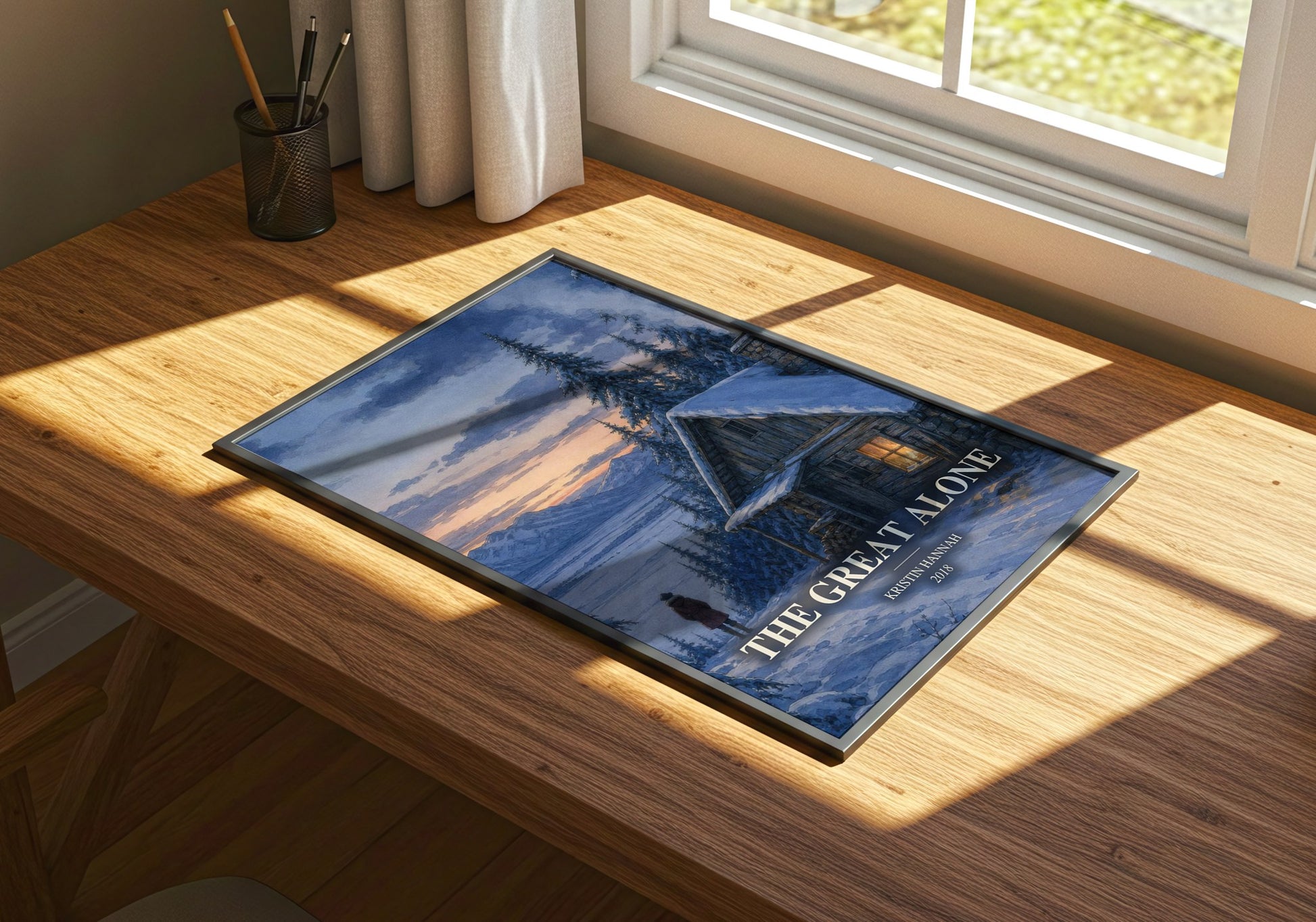 The Great Alone watercolour book poster framed on wall – contemporary fiction wall art