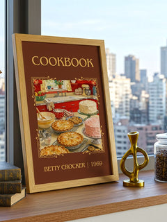 Cookbook Classic Book Art Print by Betty Crocker – framed print on a city-view windowsill
