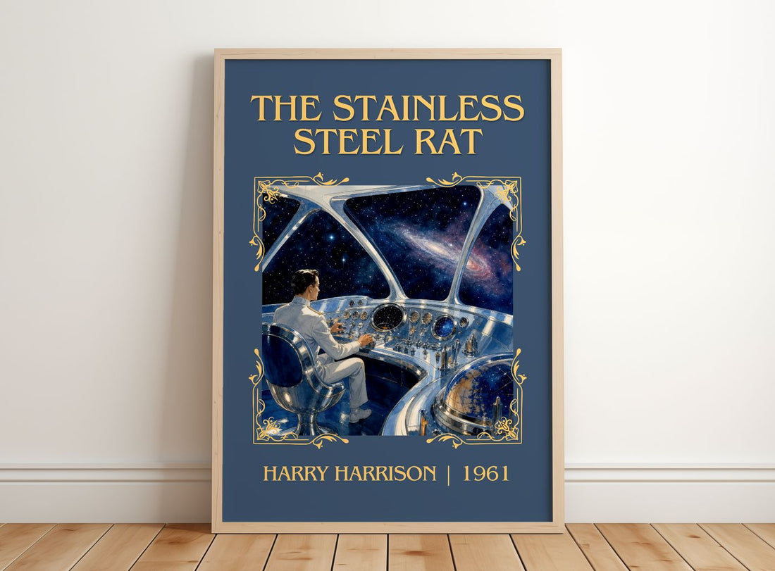 The Stainless Steel Rat Classic Book Art Print by Harry Harrison – framed print leaning on a wooden floor