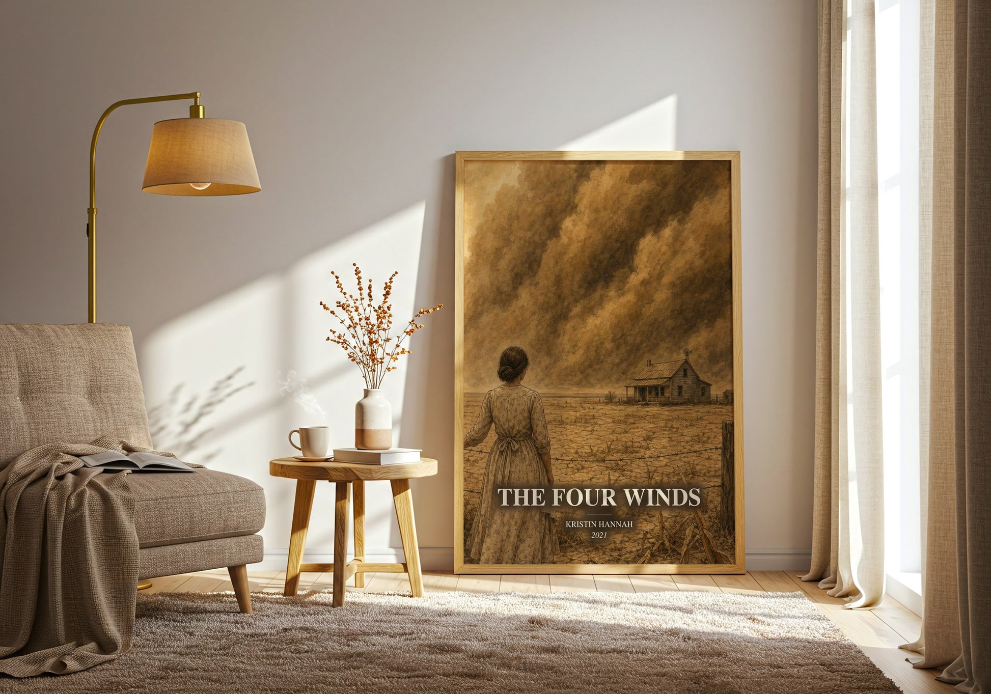 The Four Winds watercolour print in frame leaning in hallway – historical fiction wall art